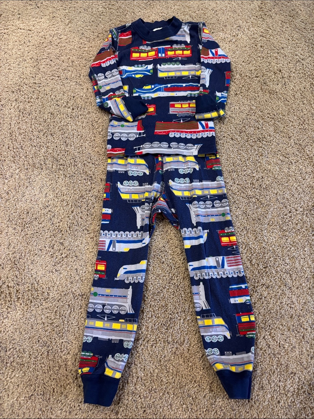 Hanna Andersson Navy Train Print Kids Pajama Set with Red & Yellow Accents